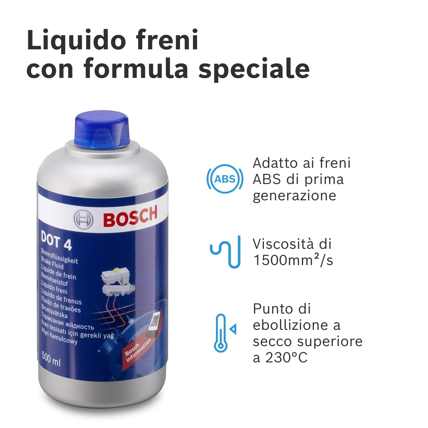 Liquido Freni Bosch DOT 4, 0,5 L – Per veicoli prodotti prima del 2010 – Adatto per freni ABS di prima generazione