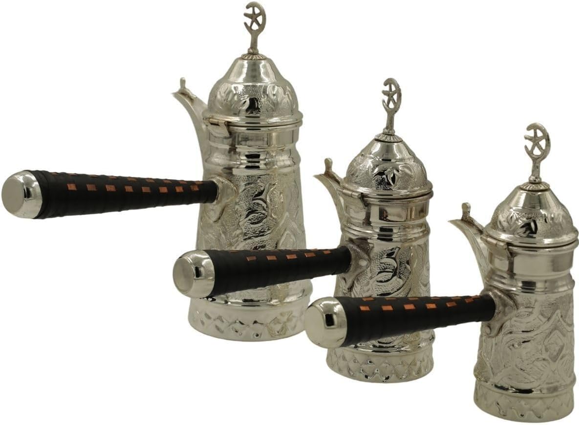 Copper Mirra Coffee Pot Set Silver Plated 3 Piece Turkish Arabic Coffee Warmer Set for Serving Traditional Coffee - Silver Plated