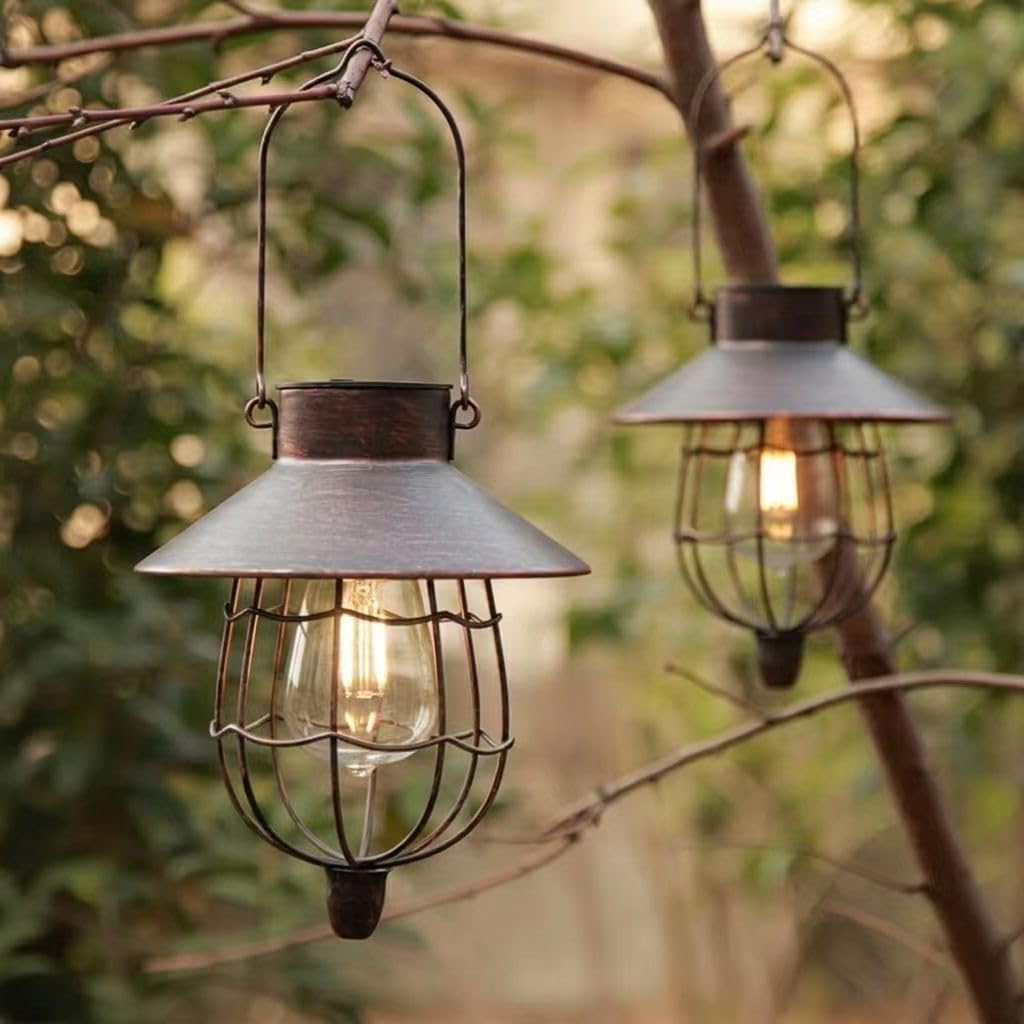 YAKii 2 Pack Solar Lantern Hanging Waterproof Outdoor Metal Solar Lamp with Warm White Light Decorate for Yard Garden Pathway Patio Porch Decor (Antique Copper)