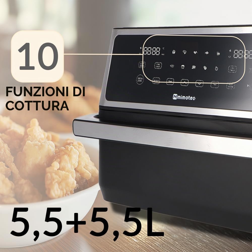 M mimotec - Doppio Touch 11L (5,5+5,5L) Friggitrice ad Aria Doppia Senza Olio, 2850W, 10 Menu, Touch Screen, Timer Regolabile 60 Minuti, 80-200°C, Cottura Facile e Sana