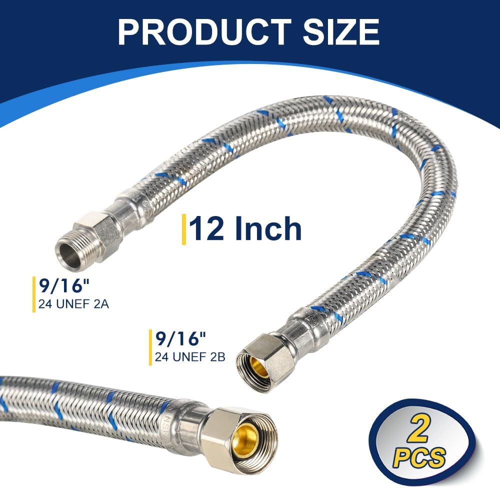 2 Pcs 12 Inch Faucet Supply Conector Extension, 3/8 OD Comp (Male) x 3/8 Comp (Female) Supply Line，Faucet Hose for Kitchen Bathroom