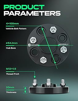 YHTAUTO 4x100mm Hub Centric Wheel Spacers 20mm Fits Kia, Ford, Mazda, Scion, Toyota, Fiat Models, Corolla, xB, Rio, Tire Spacers w/ M12x1.5 & 12.9 Grade Studs, 54.1mm Hub Bore 4 Lug 2PCS Black