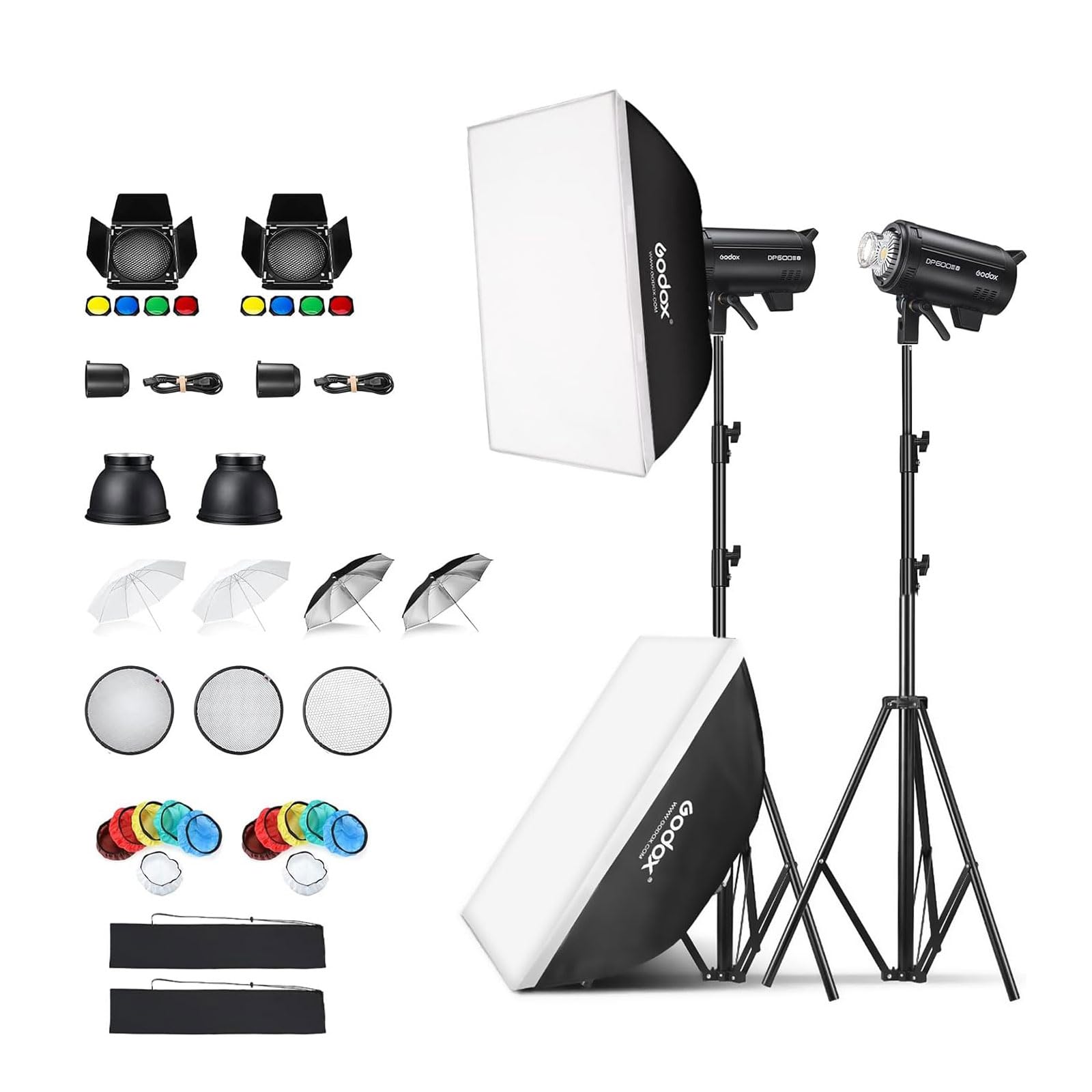 Godox 2 Pack DP600III-V DP600IIIV 1200Ws Photo Speedlite Studio Flash Strobe Monolight Bowens Mount Kit for Studio Shooting with Softbox,Light Stand,