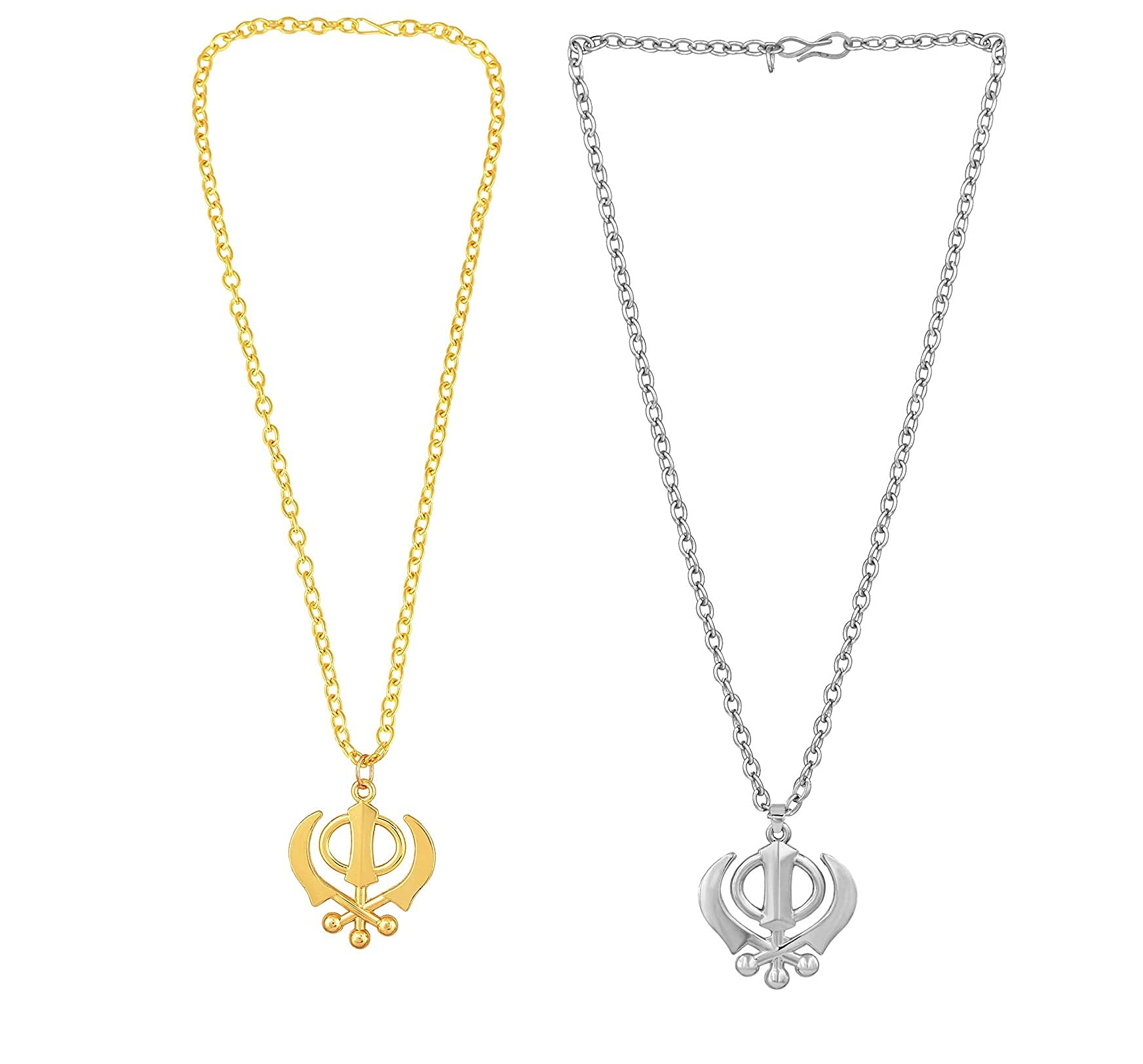 Pack of 2 pc Combo Gold/Silver Plated Sikh Sardar Punjabi Khanda Religious Symbols Amulet Pendant Necklace Combo Jewelry for Men Women (Size:- 2 Inch x 1.5 inch)-image-39
