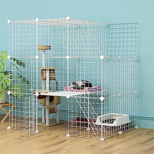 猫ケージ 屋内用 大型 DIY 猫囲い 猫用プレイペン 取り外し可能な金属製小動物ケージ ハンモック/トイレトレー/猫の巣/猫のボウル付き 小型ペット猫子犬用(111x75x110cm-A)