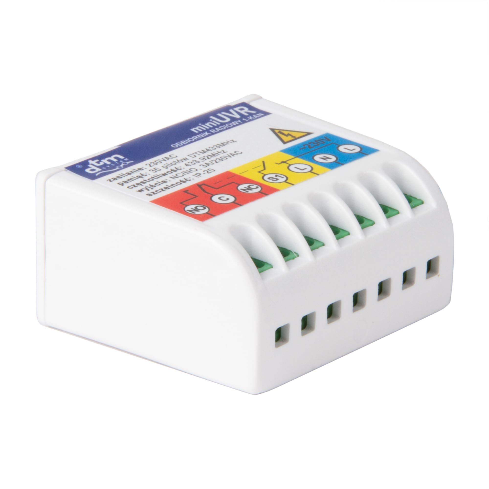 Récepteur radio DTM MINIUVR 1 canal 230 V 433 MHz Possibilité de commande émetteur et bouton poussoir LED Connexion directe sur 230 V