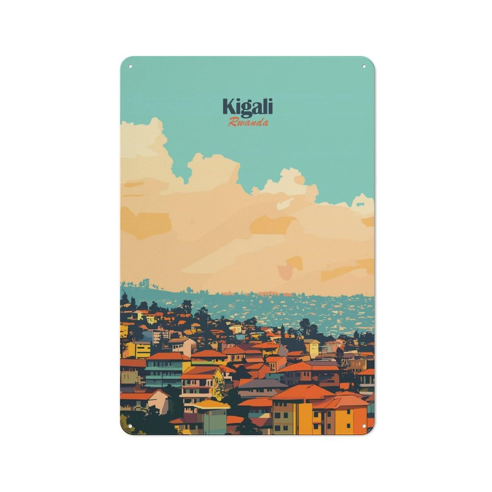 Kigali Cityscape Retro Metal Sign 30x20cm, Distressed Look Retro Room Decor for Living Room, Hallway, Kitchen Or Cafe