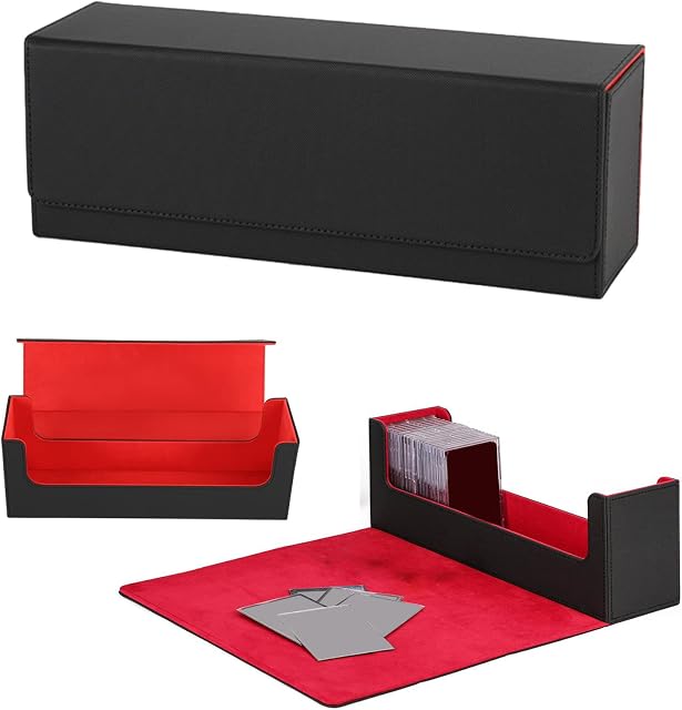 Collectibe Card Boxes, 100+ Card Deck Box, with Dividers Per Box, Outer Leather + Inner Fleece, Large Size Fit 100+ Sleeved Cards - PVC Free Card Holder For TCG (400+ large (black and red))