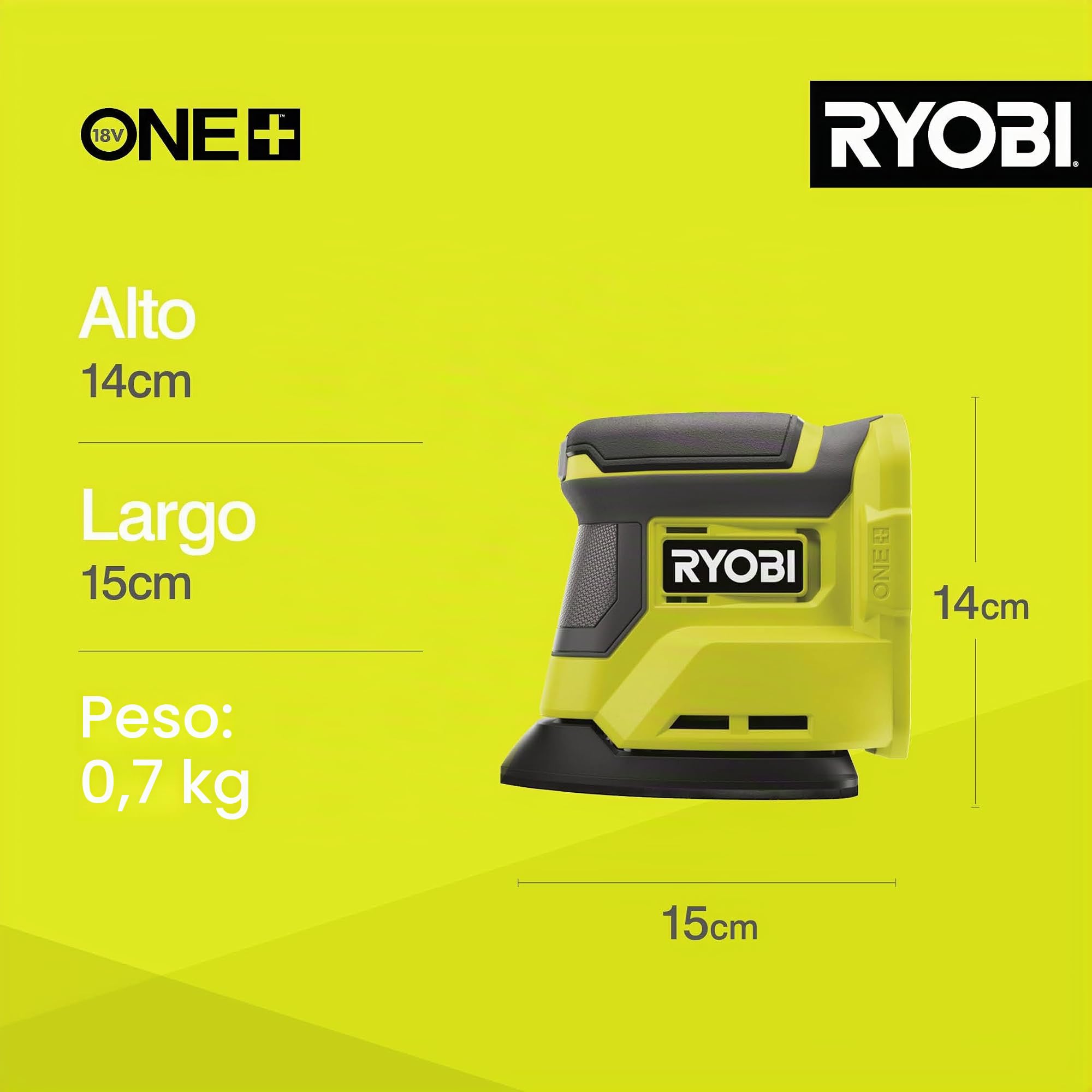 RYOBI - Lijadora Triangular 18V ONE+ - base de lijado 100x140mm, Boquilla de Aspiración - Ø Oscilación 1,8mm, 22000osc/min - para Acabados Finos/Pintura - 6 Abrasivos, sin Batería, Cargador - RPS18-0