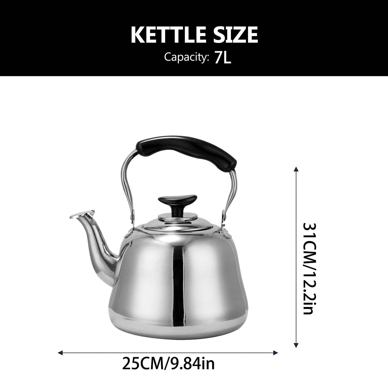 Tetera de acero inoxidable de 3 L, 4 L, 5 L, 6 L, 7 L, para el hogar y la cocina, hervidor de silbido, adecuado para todos los tipos de fogones/estufas, café esencial de cocina, té y espresso, 7 l