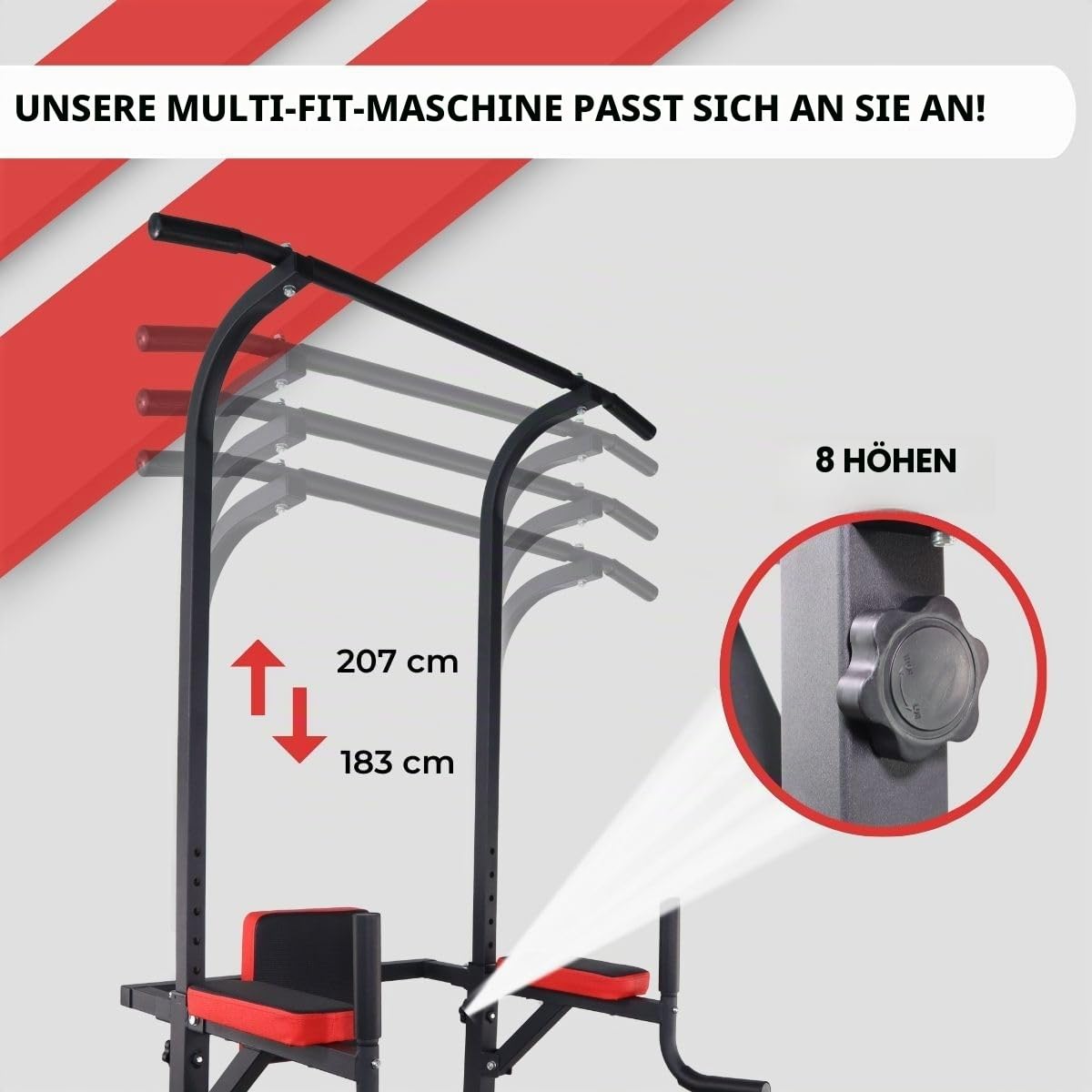 Mobiclinic®, Power Tower Dip Station, In 8 Stufen Höhenverstellbar, Klimmzugstange Freistehend, Rückenverstellbar, Multifunktionsturm, Stabil, Fitnessstudio zu Hause, Multifit