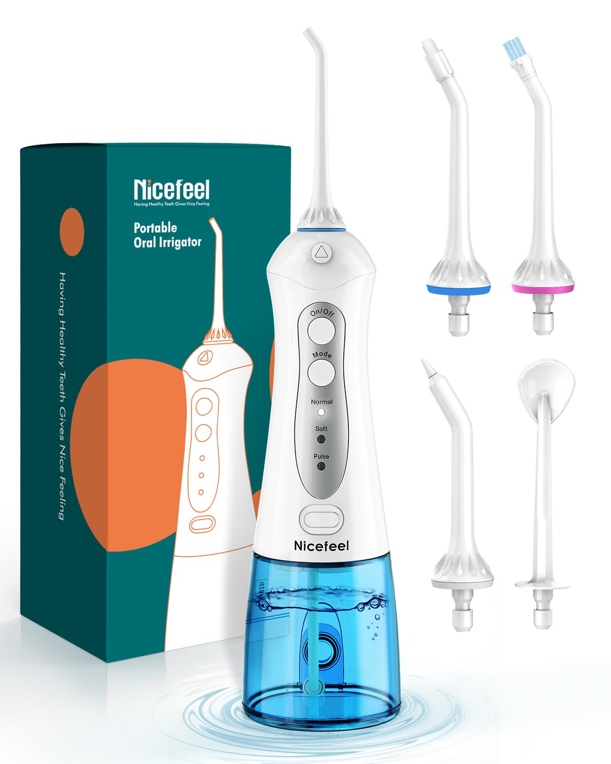 Cordless Water Flosser Teeth Cleaner, Nicefeel 300ML 2 Tip Cases Portable and USB Rechargeable Oral Irrigator for Travel, IPX7 Waterproof, 3-Mode Water Flossing with 4 Jet Tips for Home