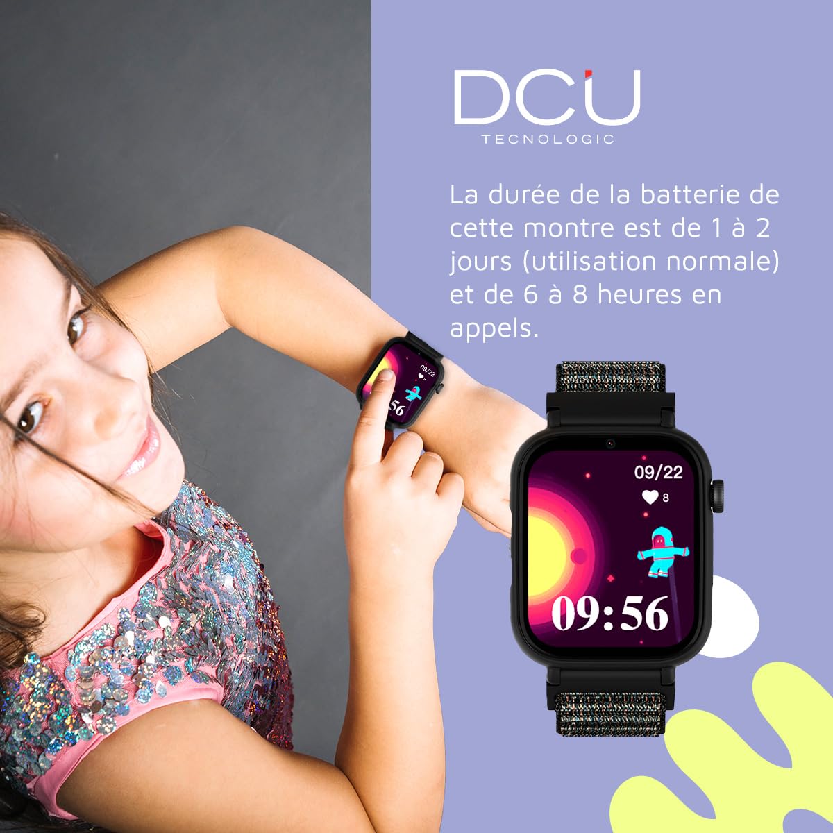 DCU TECNOLOGIC - Montre Connectée Enfant avec système Android - Whatsapp - Positionnement GPS - Appels vidéo - Bouton SOS - Contrôle Parental - Couleur: Noir