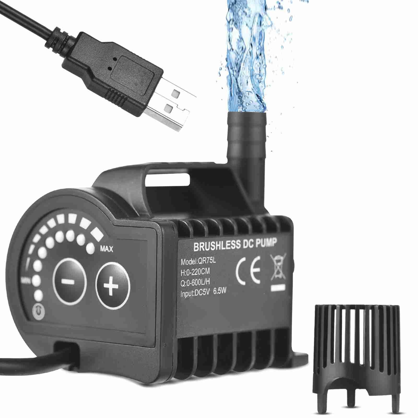 OEBUAFI Submersible, 5V USB Mini Fountain Pump 8 Levels Adjustable 0-600L per H with Suction Cup Base, for Fish Aquarium Pet Drinking Water Garden Pond (QR75L)
