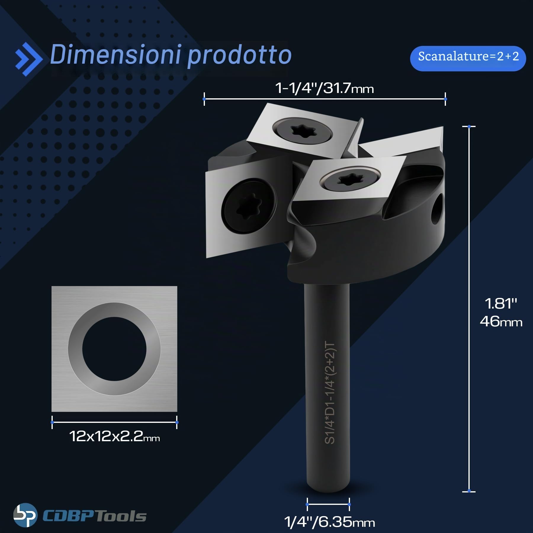 Fresa per Spianare legno Diametro 31,75 mm, Gambo 6,35 mm con 4 Inserti intercambiabili in metallo duro 12 mm per livellare, bordi e scanalature – per CNC e fresatrice verticale