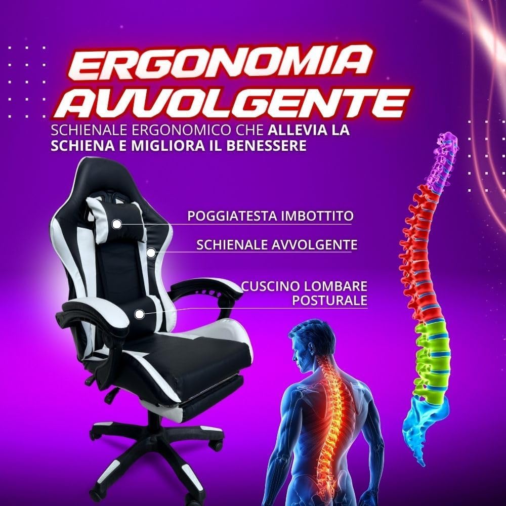 Sedia da Gaming Ergonomica Reclinabile fino a 135° con Poggiapiedi Cuscino Supporto Lombare e Poggiatesta con Rotelle Rotazione a 360°, Pistone a Gas Poltrona da Ufficio Portata 125kg (Bianco)