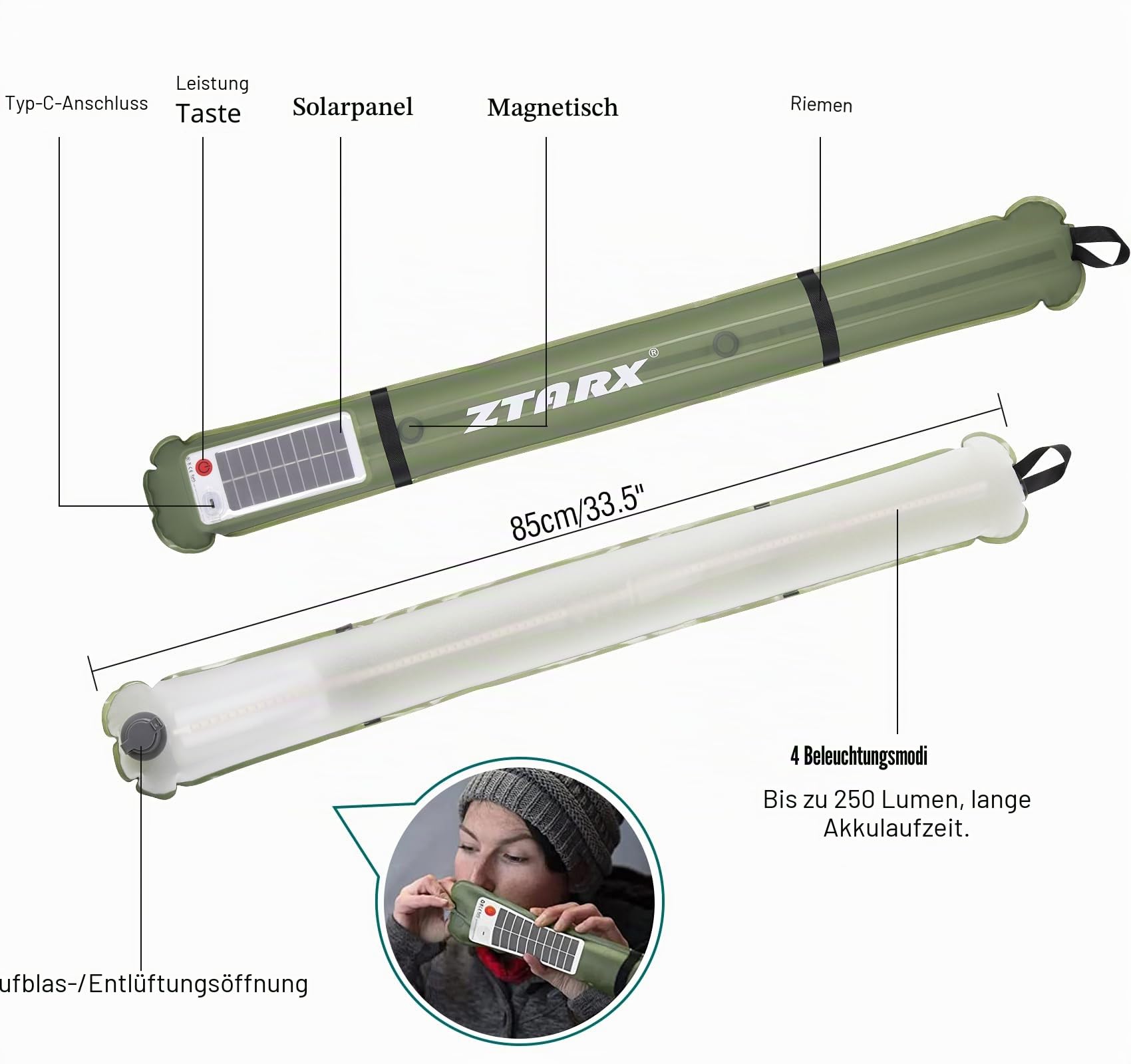 Qoolife Solar LED Campinglampe Aufladbar, Faltbare Camping Licht Lampe Energienbank mit 2 Lademethoden (Solar/USB) und 4 Lichtmodi für Outdoor, Stromausfällen, Notfall, Ausfälle, Angeln 85CM