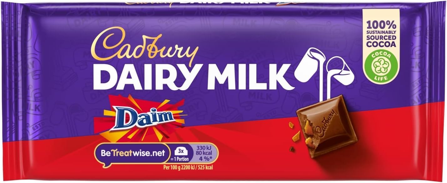 Cadbury Dairy Milk With Daim Chocolate Bar, Milk Chocolate With Crunchy Almond Caramel Pieces, 120 g (Pack of 1)