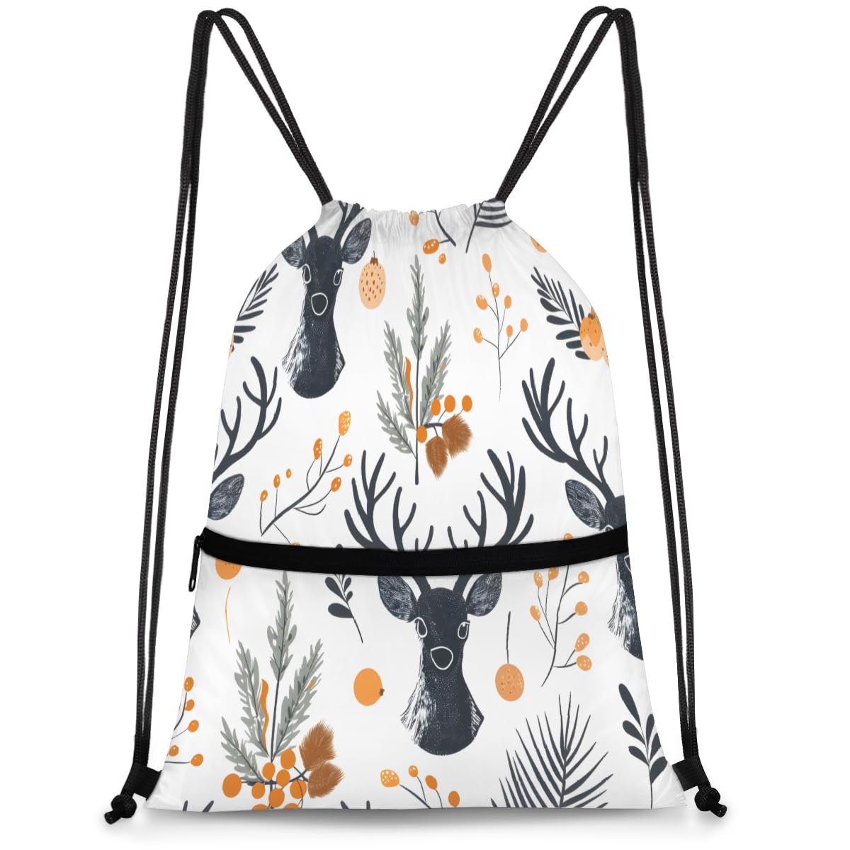 QsirBC Deer And Winter Foliage Drawstring Bag for Men &amp; Women, Gym Sports Backpack with Zipper Pocket, Lightweight String Sackpack for Travel, Running, Hiking, Workout