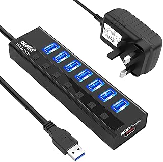 Powered USB Hub 3.0, atolla 7-Port USB Data Hub Splitter and One Smart Charging Port, USB Extension Hub with Individual On/Off Switches and 5V/4A Power Adapter