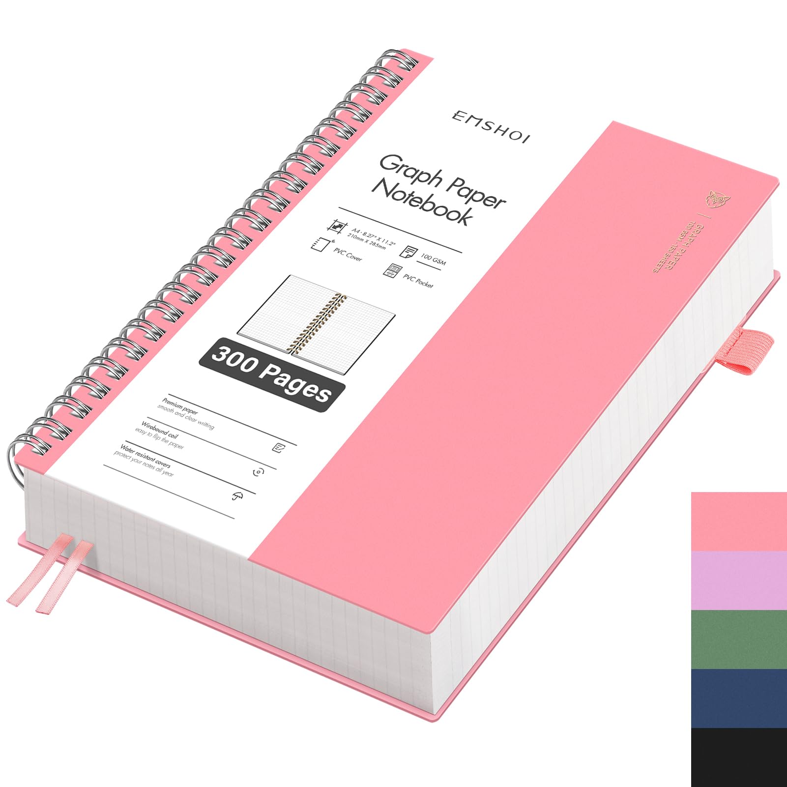 EMSHOI Notebook A4 Squared, Spiral Notepad with 300 Pages / 150 Sheets, 100gsm Checked Paper for Writing, PVC Hard Cover, Notebooks for School, Work, Drawing, Travel, 21.5 x 27.9 cm - Pink