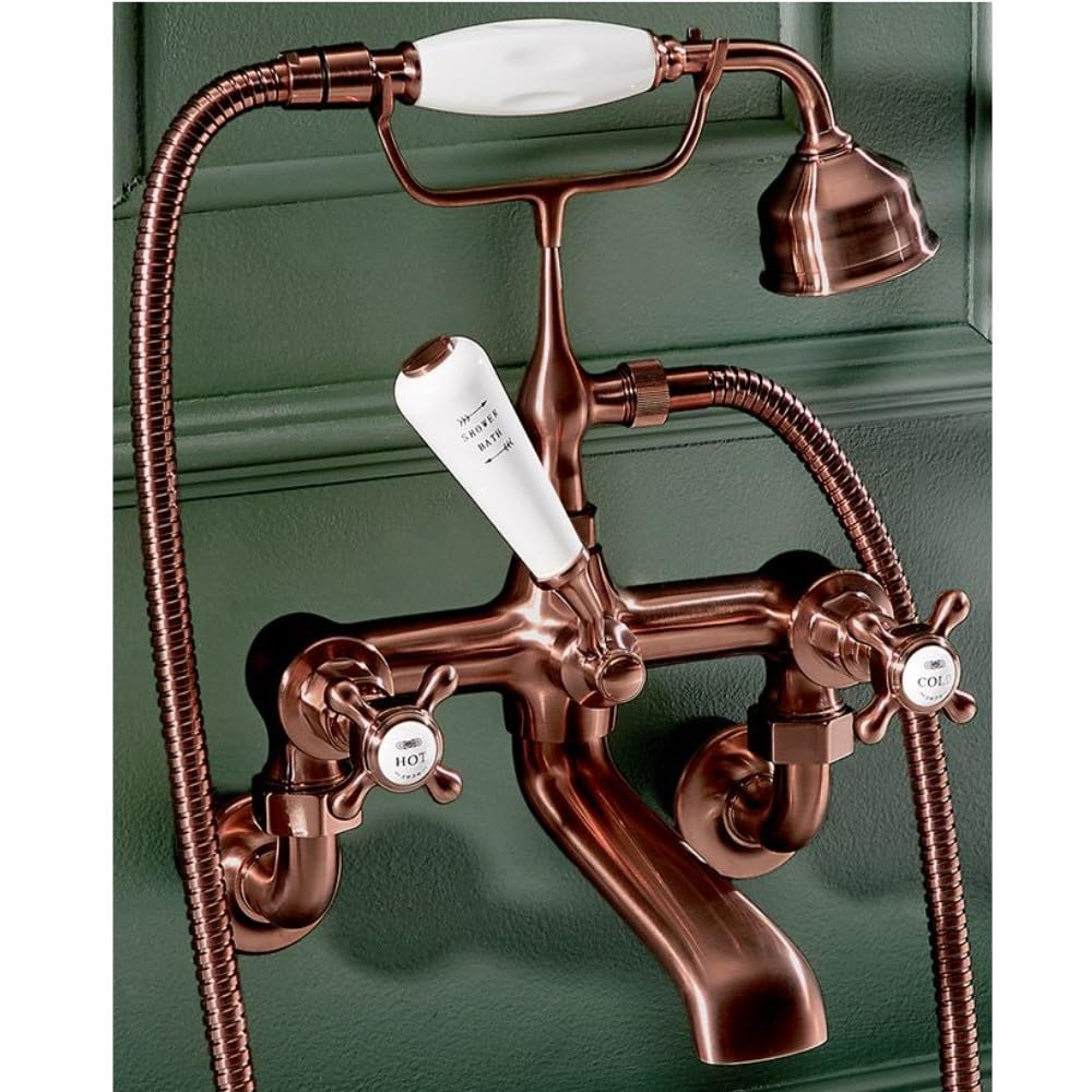 Milano Brushed Copper Elizabeth Wall Mounted Bath Shower Mixer Tap Crosshead Handles