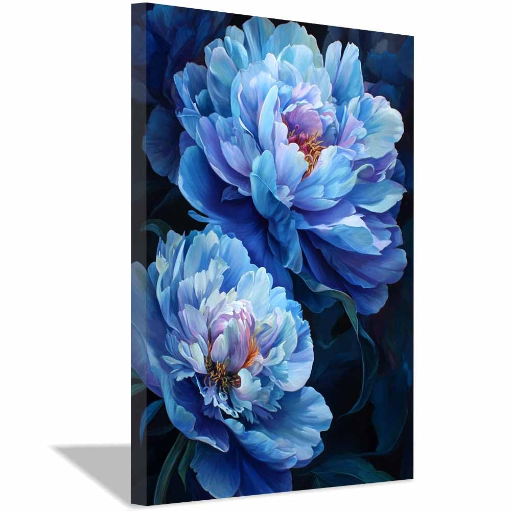 Hoqiu Multicolor Botanical Prints Blue Peony Blooming Artwork, Wall Decoration Living Room Bedroom Hallway Stairs Decoration.(Multicolor)-70X100cm Framed
