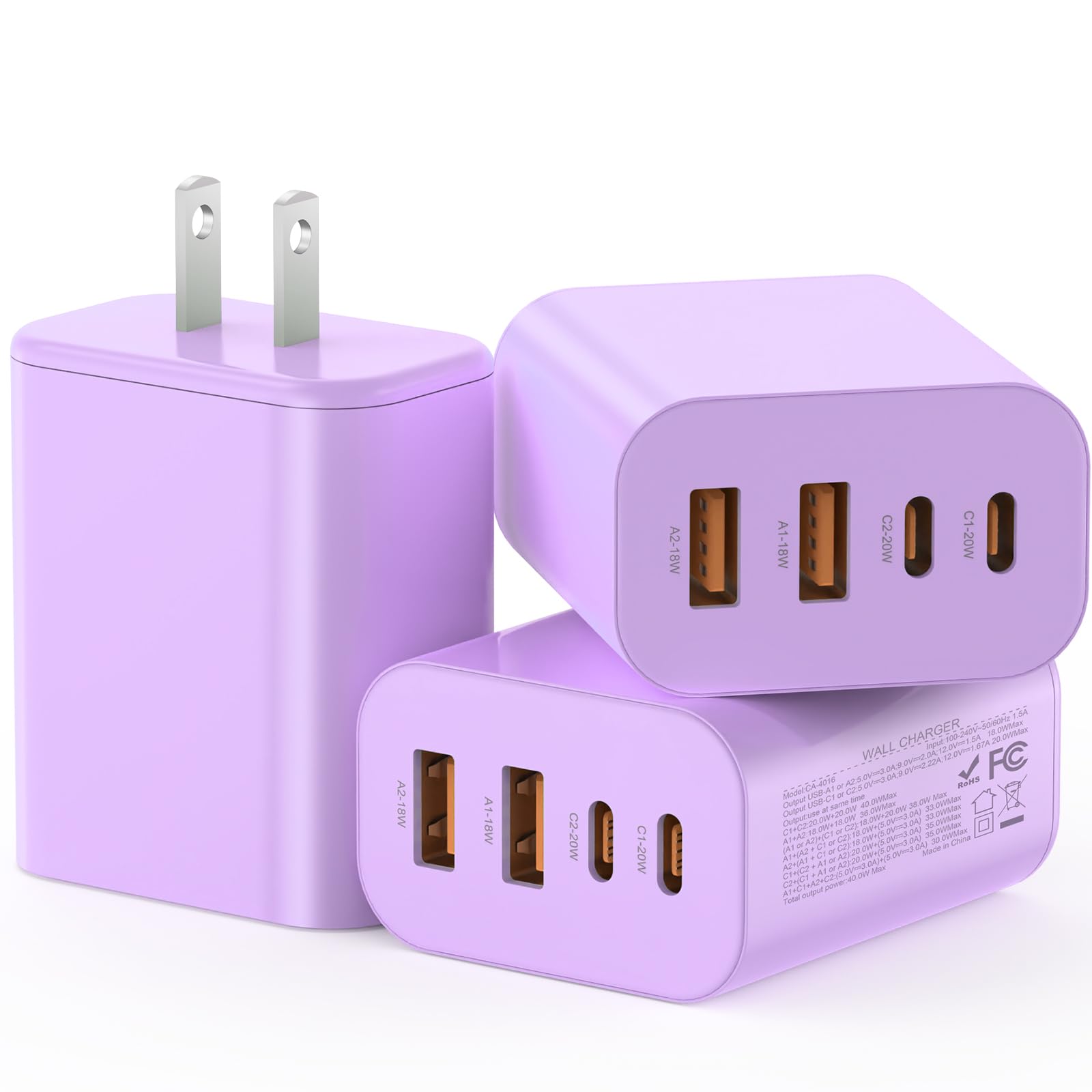 USB C Charger Block, 3-Pack 40W Wall Plug Fast Charging Block, 4-Port PD + QC Power Adapter Type C Charging Blocks Cube, Compatible with iPhone 17/16/
