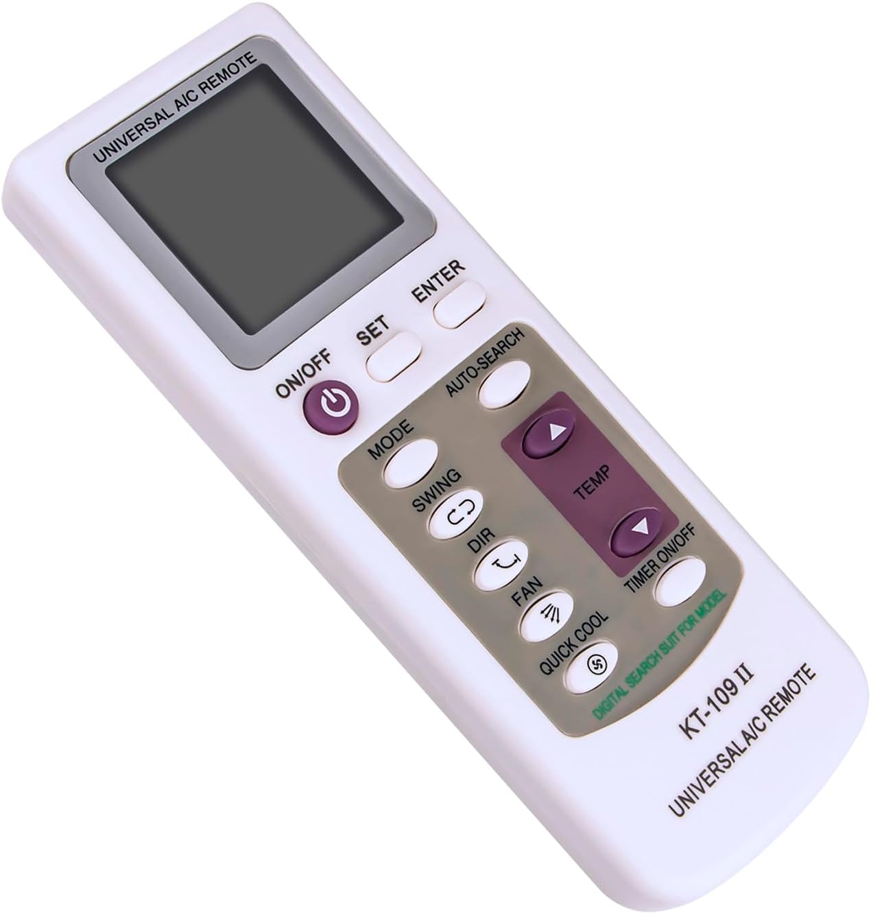 Angled view of the AULCMEET KT-109 II Universal AC Remote Control, showing its ergonomic design.