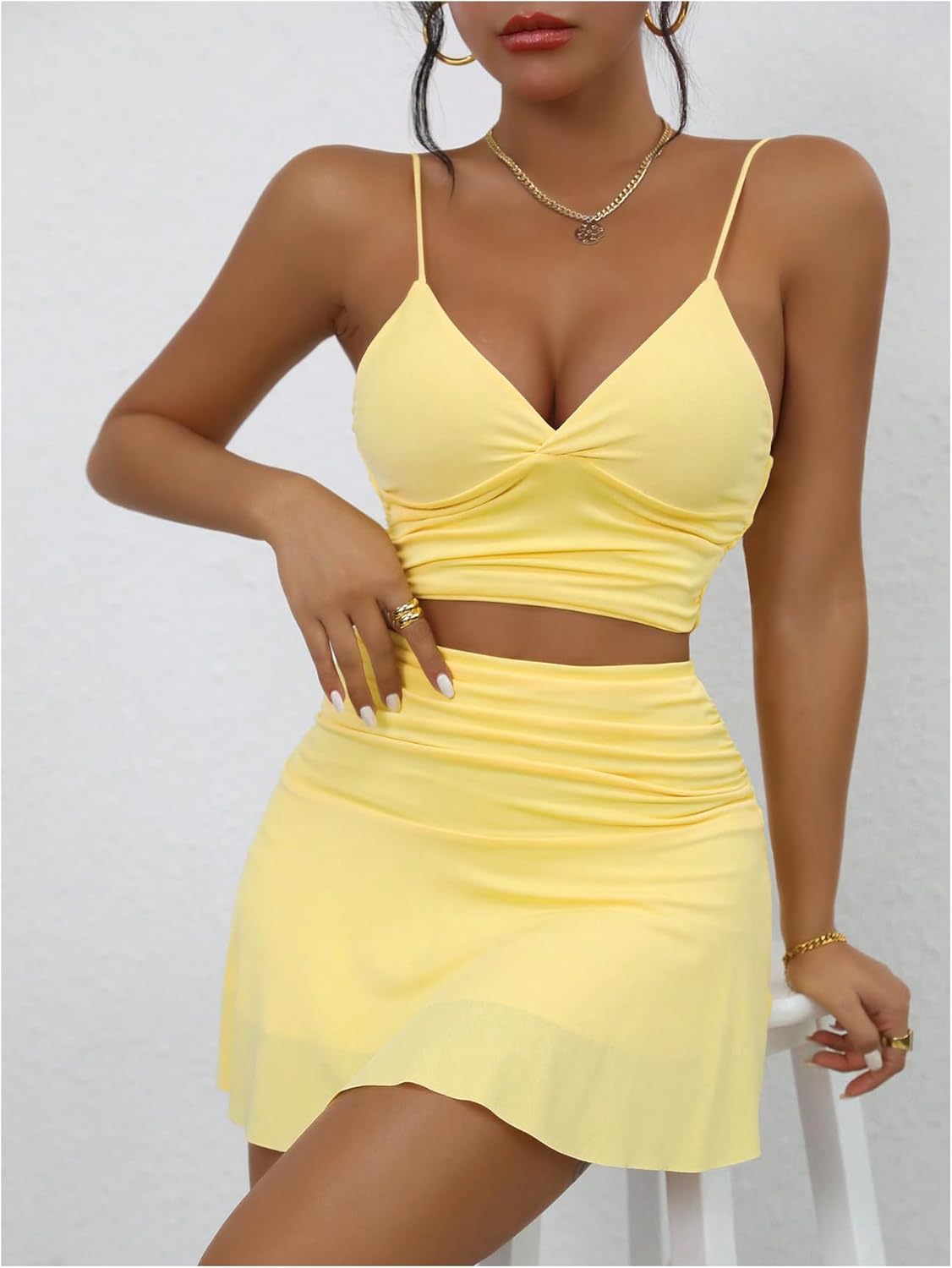 SHENHE Women's Y2k 2 Piece Mini Skirt Set V Neck Crop Cami Top Ruched Ruffle Skirt Going Out Set - Image 3