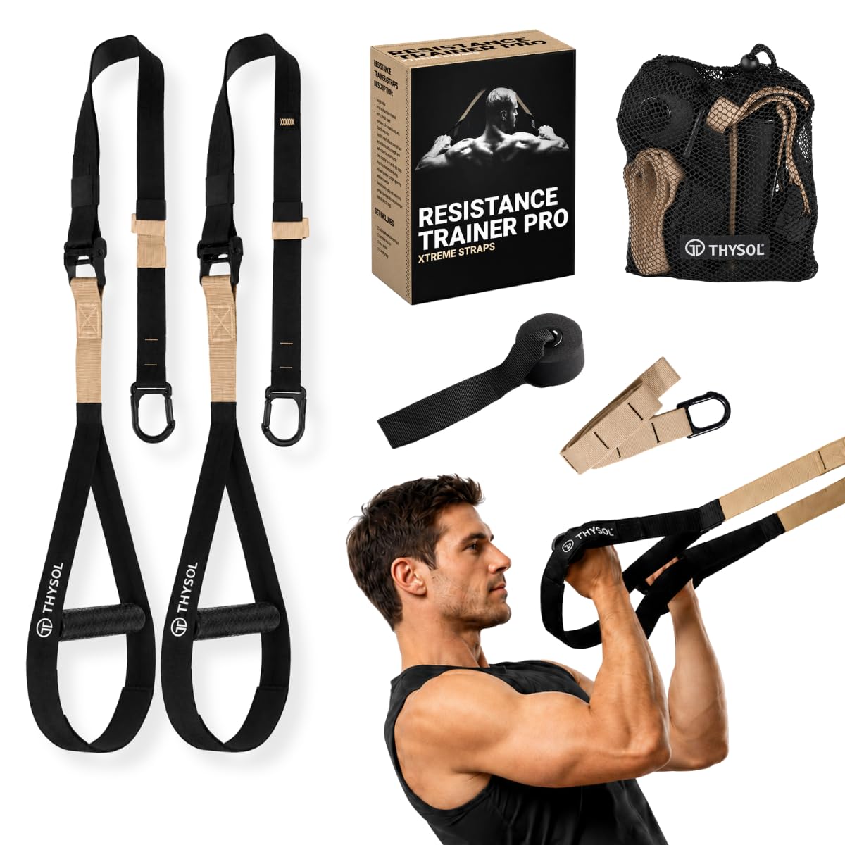 THYSOL Resistance Trainer Pro Xtreme Straps Army | Sling Trainer Set con ancoraggio regolabile | Fitness Allenamenti a casa – Adatto per viaggi e per allenamento indoor & outdoor