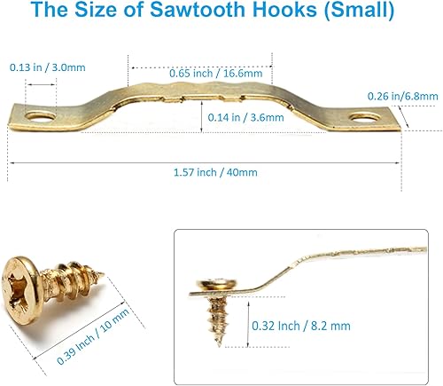 Miniatura 3 de YHYZ Perchas de dientes de sierra a granel (mediano), 100 ganchos dorados de dientes de sierra con 200 tornillos + destornillador, para marcos de