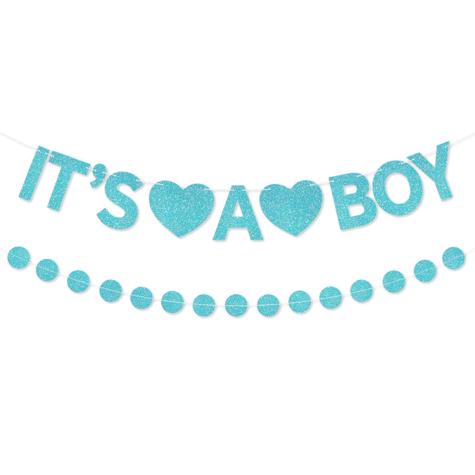 BLMHTWO Pre-Strung It's a Boy Glitter Banner, Light Blue Baby Shower Gender Reveal Decorations Banner with Circle Dot Garland He or She Party Decor Sign Supplies for Pregnancy Welcome Baby Boy