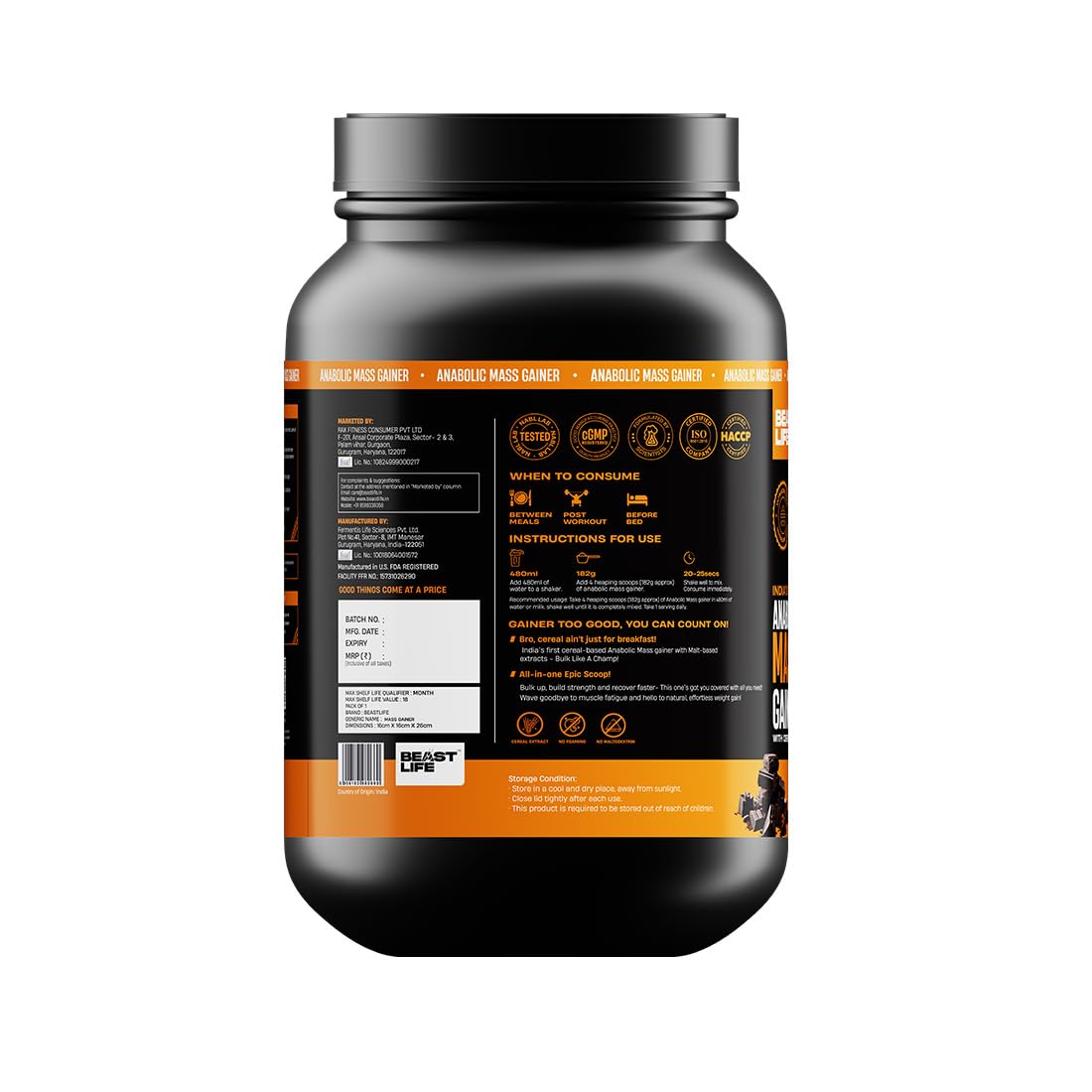 Beast Life High Protein Mass/Weight Gainer | 1 KG | Belgian Chocolate with Free Shaker | NABL LAB Tested | For Muscle Gain & Fast Growth | Cereal-Based Formula, No Maltodextrin | India's #1 Cereal Based Bulk Gainer — Amazon image 8