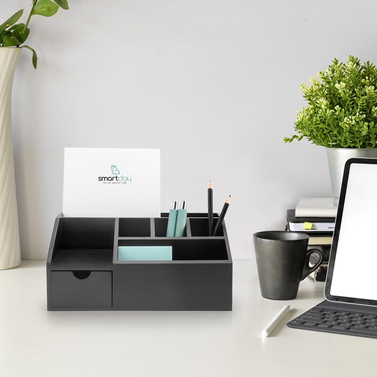 Organizzatore da scrivania in legno di bambù con cassetto nero – organizzatore per ufficio, portapenne, portapenne, organizer da scrivania