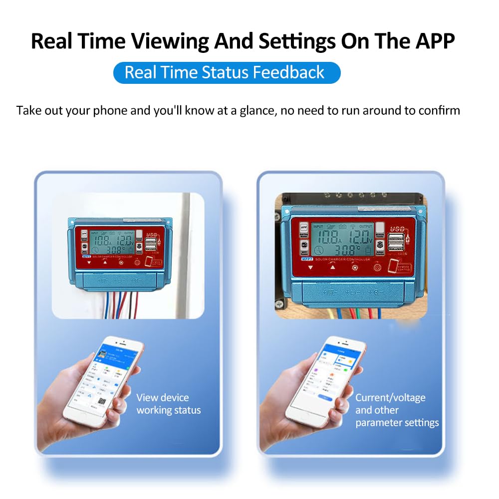 Regolatore di carica solare WiFi + BT 50A Regolatore di ricarica MPPT 12V/24V/36V/48V/60V Display LCD Doppio regolatore di uscita USB 5V APP Controllo remoto Regolatore di carica solare