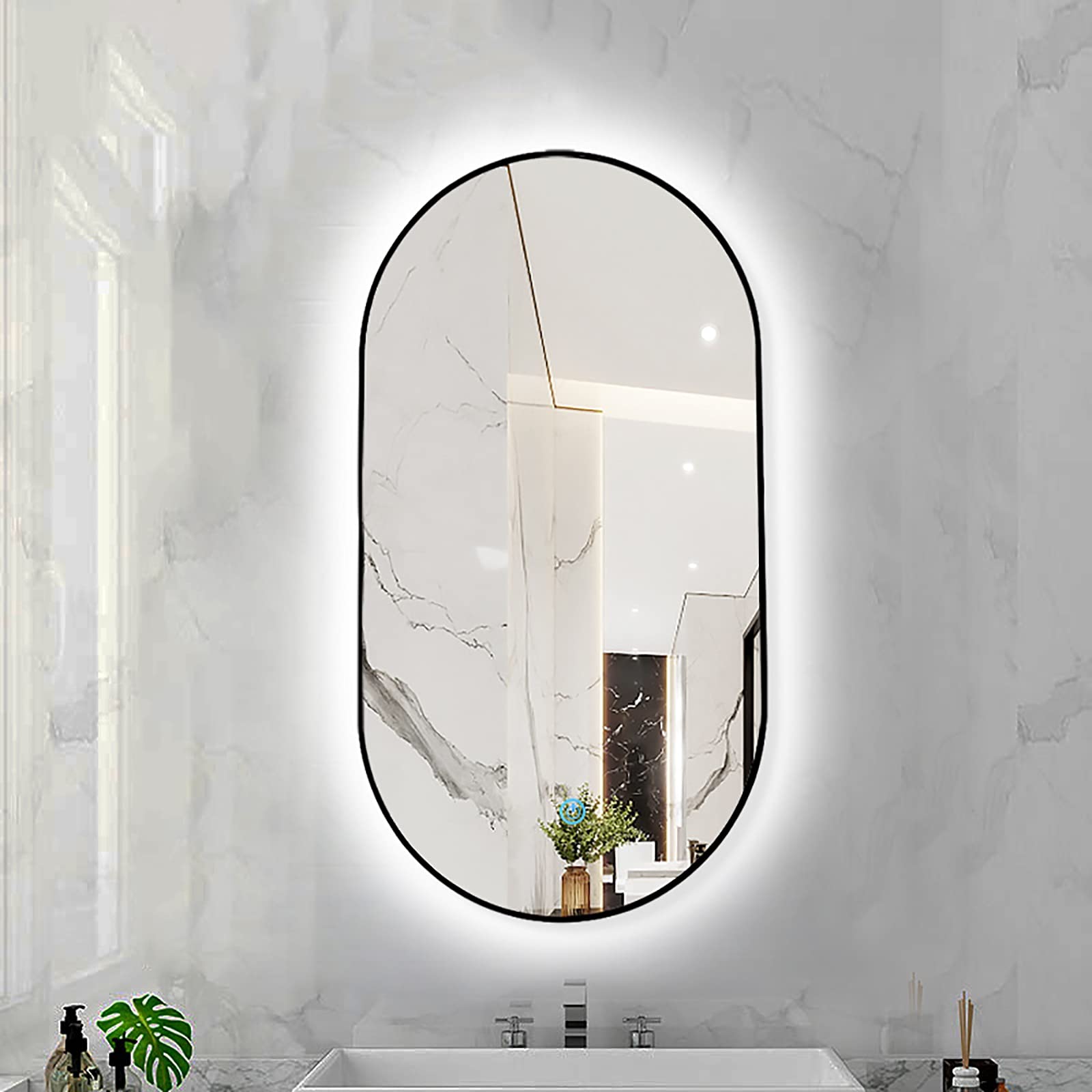 Miroir alu noir ovale LED 40x80 cm haut de gamme pour intérieur élégant