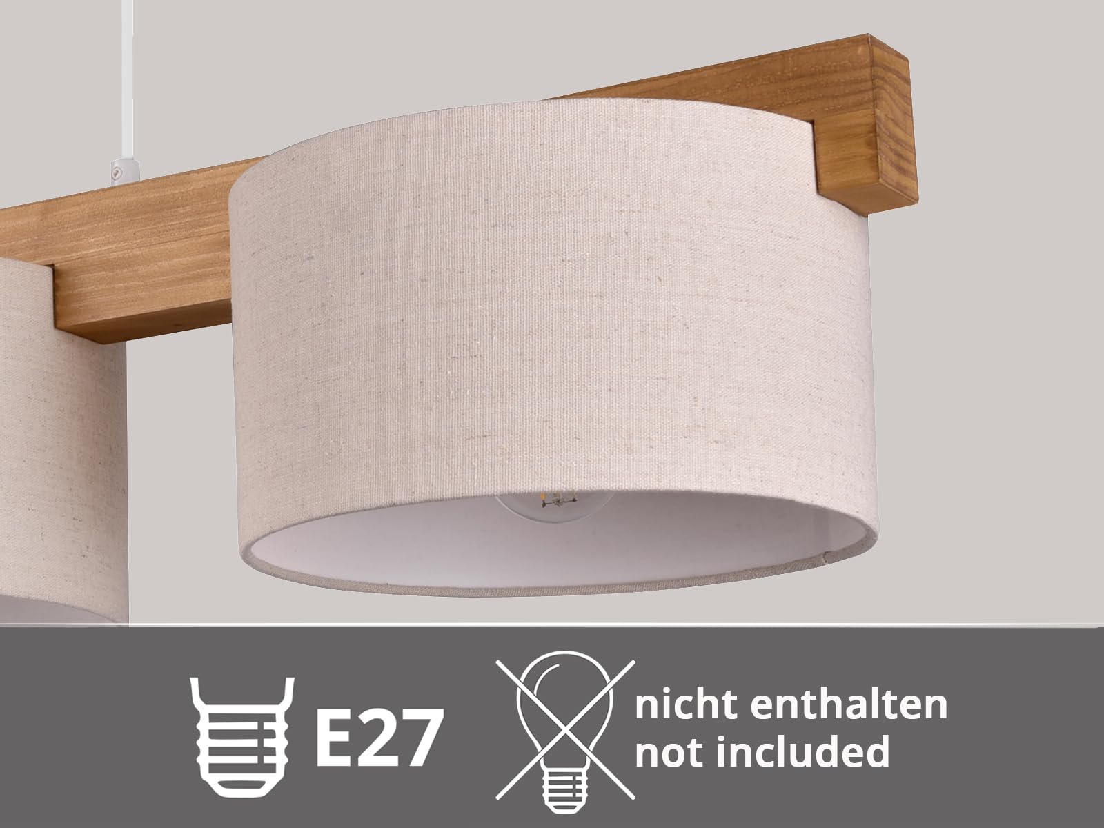meineWunschleuchte Pendelleuchte mit Holzbalken & Stoff Beige, Breite 100cm, Esstischlampe Holz 3-flammig E27 skandinavisch