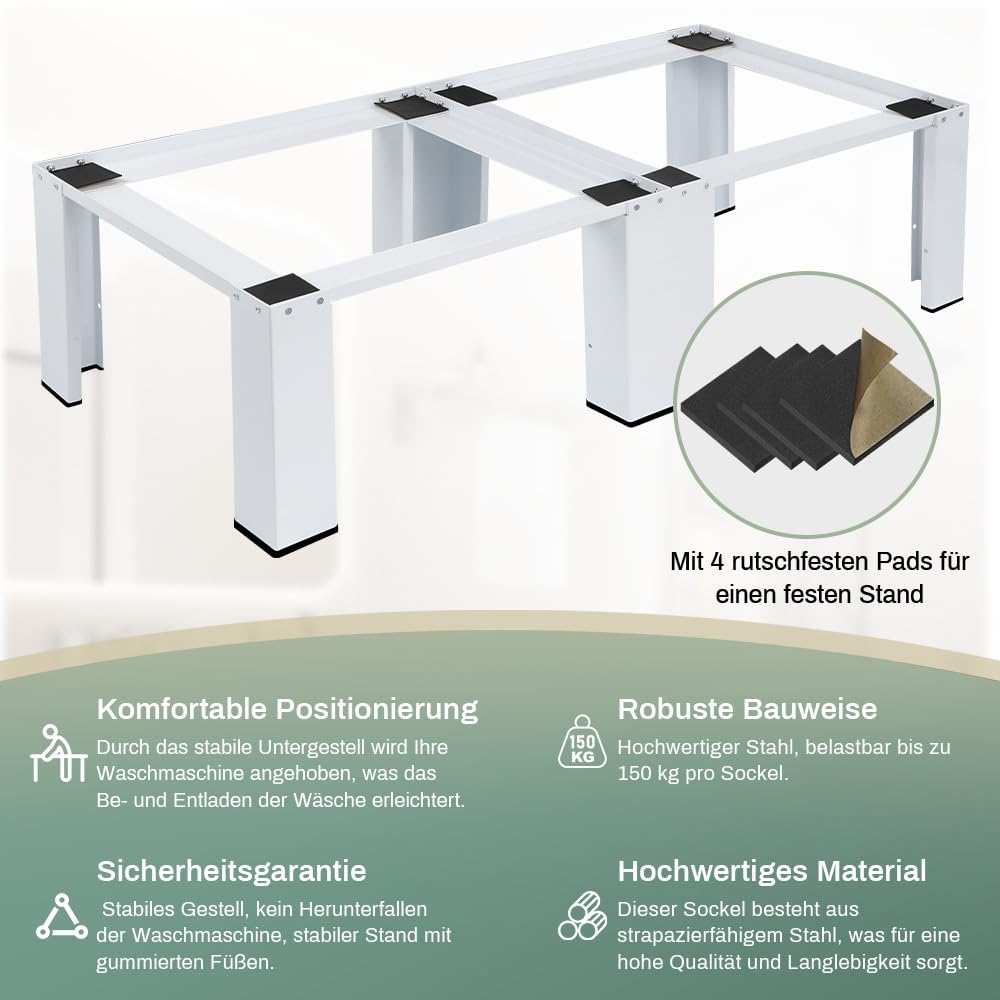 Metall Doppel Waschmaschinen Untergestell 126x54x32 cm 300 kg Stabil 2-Fach Sockel Unterschrank für Trockner Kühlschrank Weiß