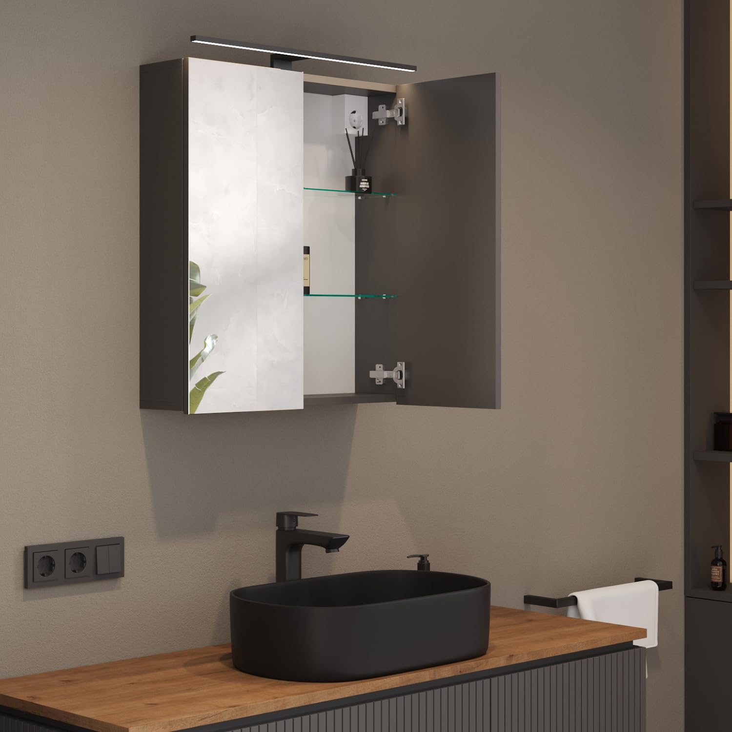 Planetmöbel ARIA Spiegelkast Voor Badkamer Met Verlichting, 60 Cm Breed Hangende Badkamerkast Spiegel Antraciet Lamp En Stopcontact Gastentoilet X 70 16 1331246663