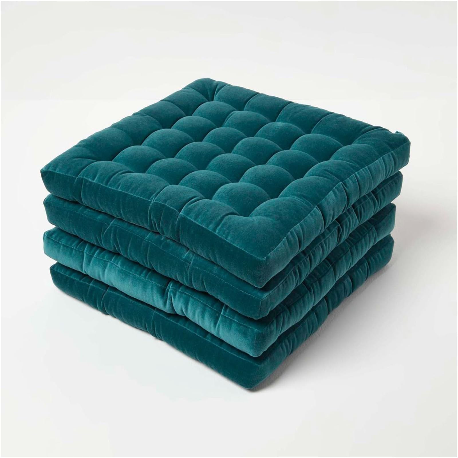 Homescapes Unisex Teal 4 Pack Seat Pads Luxury Cotton Velvet Indoor Outdoor Garden Cushion, 40Cm In | Size: 40Cm X 40Cm
