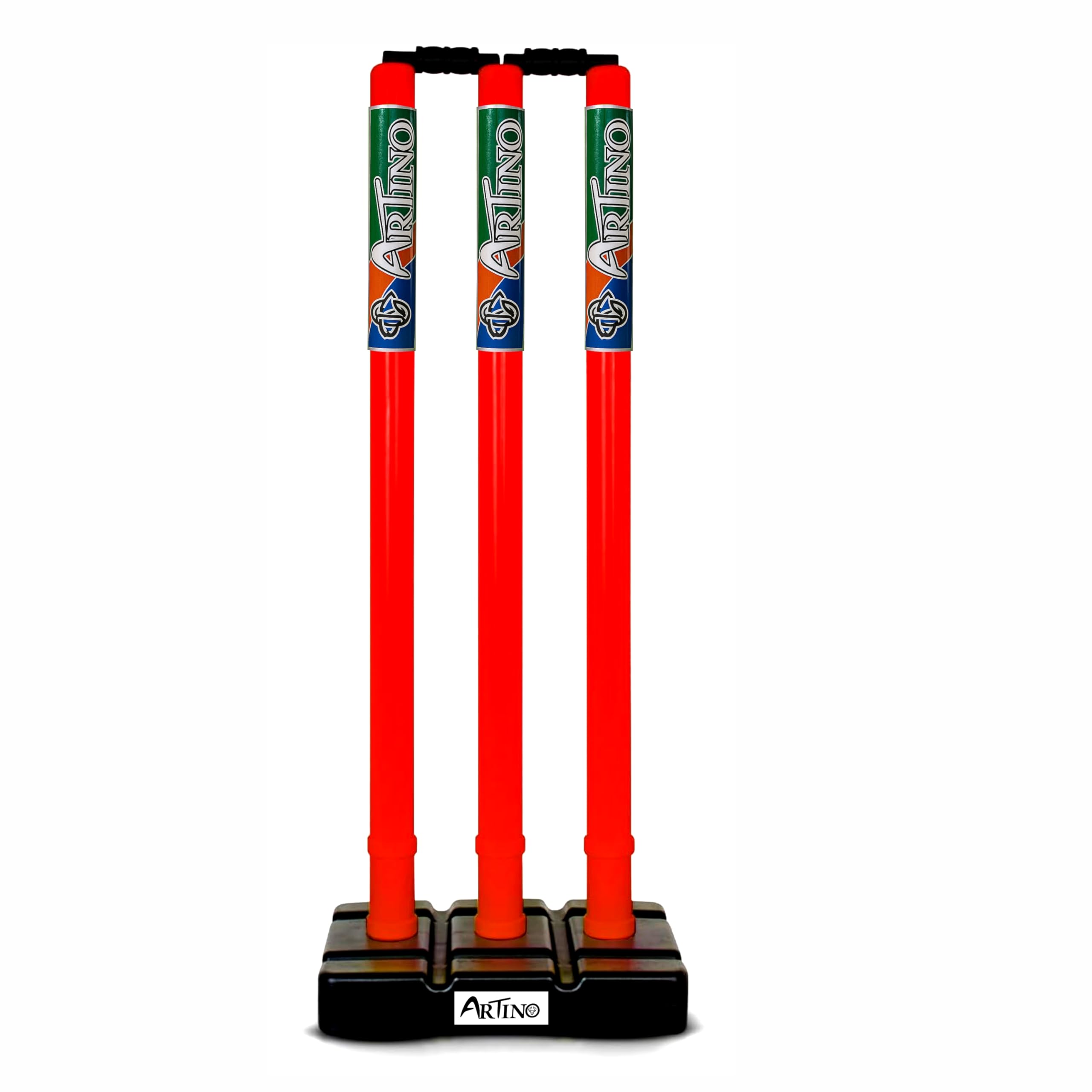 Artino Fluorescent Red Plastic Cricket Wicket Set Full Size - 3 Stumps + 2 Bails + 1 Stand (Plastic Wicket Set)