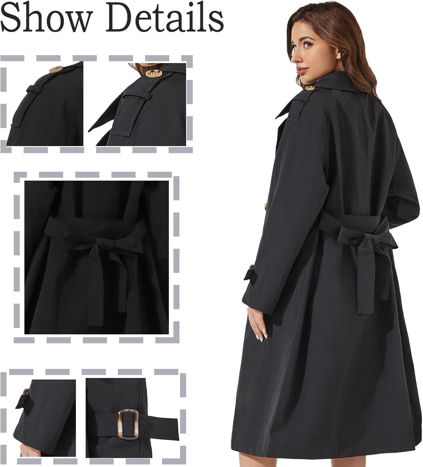 Women's Double Breasted Long Trench Coat Windproof Classic Lapel | Side Pocket Thin Coat With Belt. - Image 5