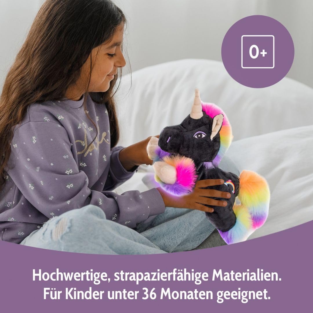 Habibi Premium Wärmekissen/Stofftier f. Kinder u. Erwachsene - 1848 Einhorn Black Rainbow, herausnehmbare Hirsefüllung - Wärmekuscheltier zum Erwärmen in der Mikrowelle/Backofen, ideal auch für Babys