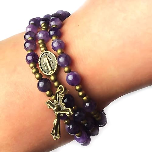 Miniatura 4 de Pulsera de rosario católico de piedra de amatista para mujer con dije de medalla de Virgen María Nuestra Señora de Gracias - Regalos católicos