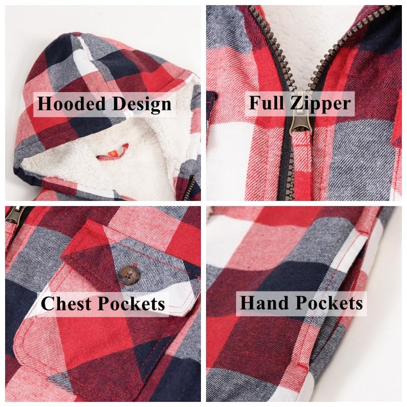 Image of ThCreasa Boys Plaid Flannel Jackets Sherpa Lined Zip Up Long Sleeve Warm Flannel Shirt with Hood