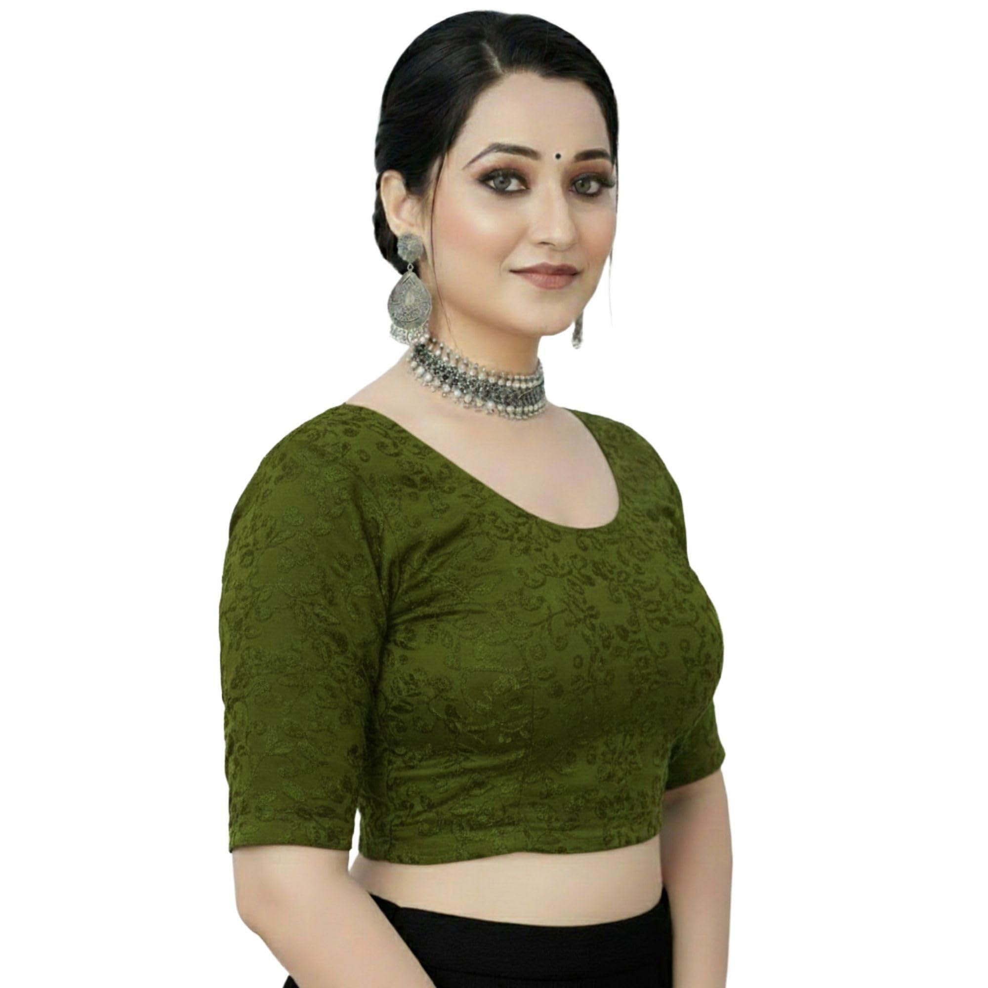 Women's Stretchable Saree Blouse Readymade | Slip-On Elastic Blouse with U-Neck & Half Hand Elbow Sleeves | Comfortable Textured Fabric for Daily, Party-picture-55