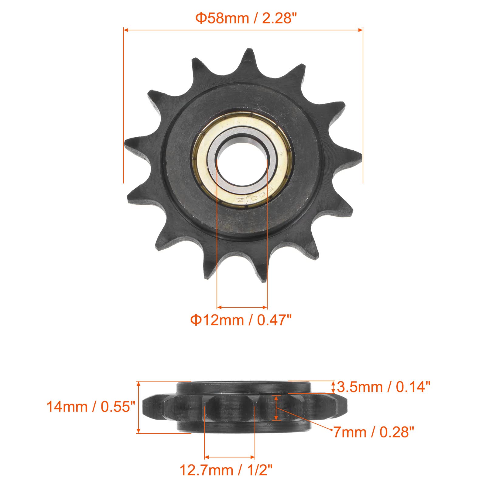 uxcell #40 Chain Idler Sprocket, 12mm Bore 1/2" Pitch 13 Tooth Tensioner, Black Oxide Finished C45 Carbon Steel with Insert Single Bearing for ISO 08A Chains — Amazon image 2