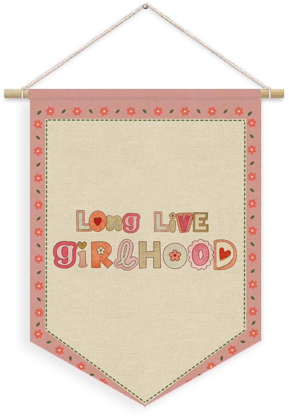 XYDEG Girls Room Decor, Long Live Girlhood Linen Canvas Banner, Pink Groovy Retro Floral Wall Hanging Pennant Flag Banner for Girls Nursery Kids Toddler Room Bedroom Dorm Decor, 15x11in