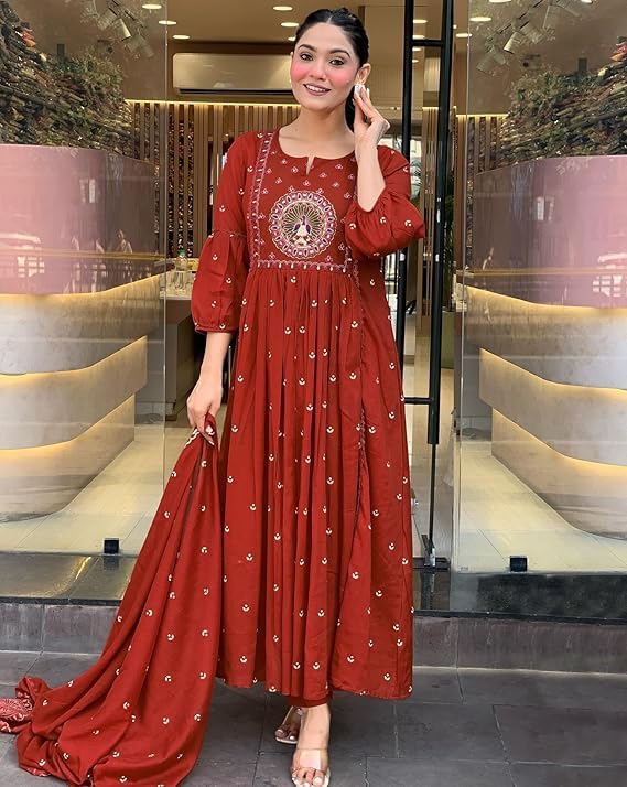 Image of KLOSIA Women Rayon Printed Anarkali Kurta Set with Dupatta